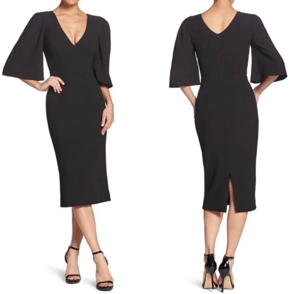 Dress the Population Black V-Neck Midi Dress with Fluted Elbow Sleeves